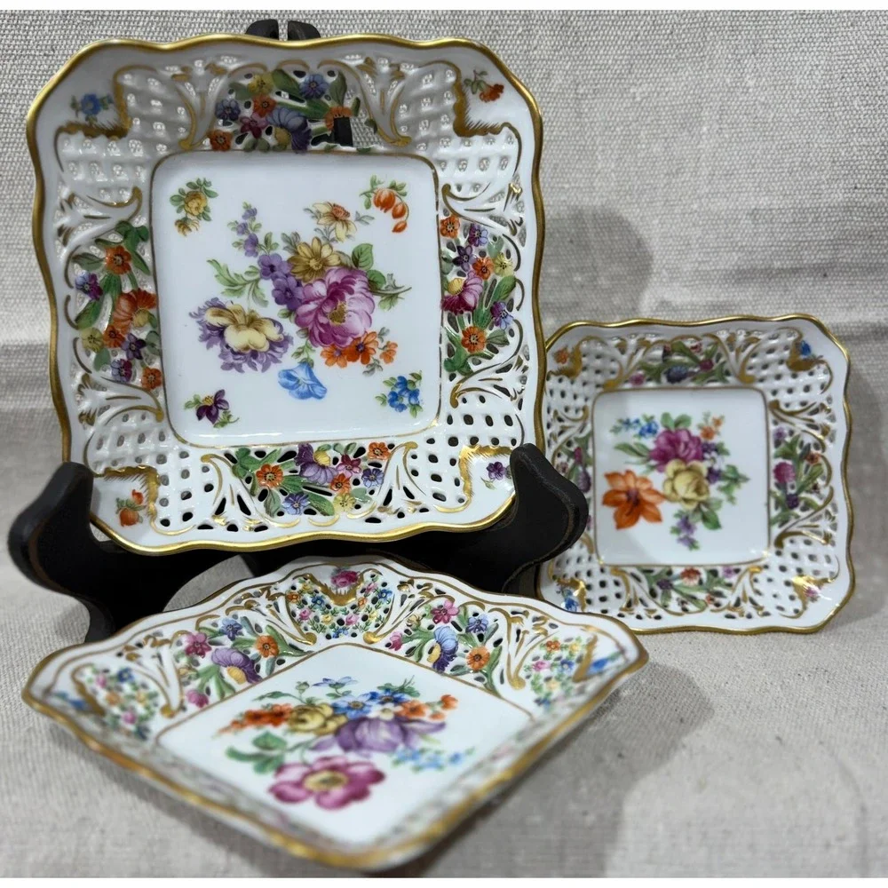 Schumann Arzberg Dresden Flowers Reticulated Porcelain Plate Bowl Set 5pc Gold